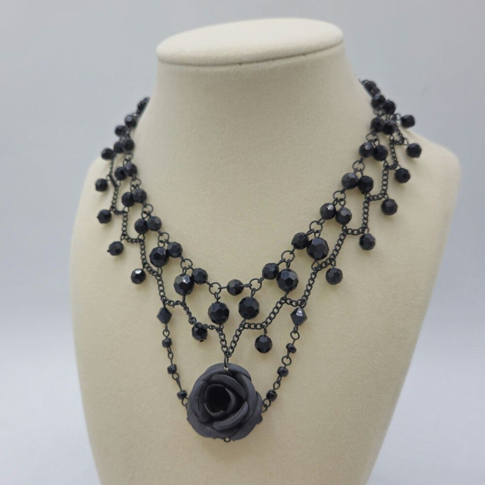 Multi-Strand Beaded Gothic Statement Necklace w/ Black Rose Pendant